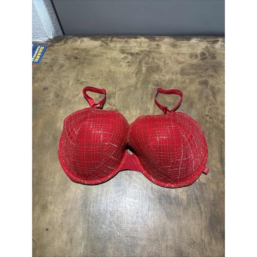 Victoria's Secret Red/Gold Padded Bra Sparkle Mesh Underwire Adjustable Straps